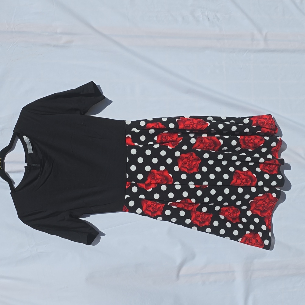 Womens Vint@ge Future Short Sleeve Black Dress White Polka Dots Red Roses Size M